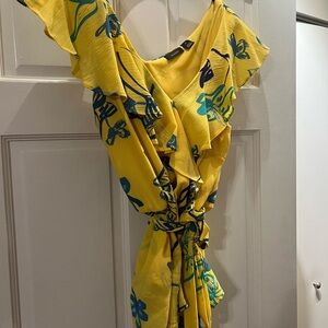 Halogen Yellow and Blue Floral Ruffle Blouse